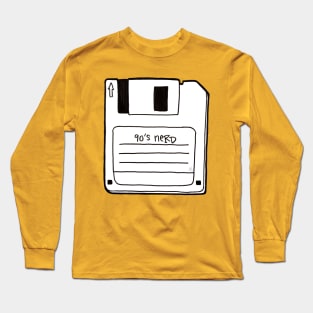 90's Nerd, Black and White - Retro Floppy Disc Outline Drawing Long Sleeve T-Shirt